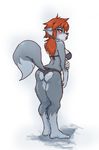 anthro big_breasts big_butt blush breasts butt canine clothing embarrassed female hair lips mammal red_hair simple_background solo swimsuit thick_thighs ungulatr wolf yellow_eyes 