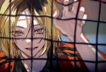  1boy a197nri79he10ls bishounen blonde_hair blurry blurry_background haikyuu!! highres kozume_kenma looking_at_viewer male_focus medium_hair multicolored_hair nekoma_volleyball_uniform open_mouth solo sportswear sweat teeth tongue two-tone_hair volleyball_net volleyball_uniform yellow_eyes 