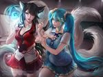  ahri_(lol) animal_humanoid blue_hair canine classroom clothing cute eyewear fox fox_humanoid fox_tail fur glasses hair humanoid league_of_legends magic_caster mammal multi_tail necktie sakimi_chan school sona_(lol) uniform video_games whiskers white_fur yellow_eyes 