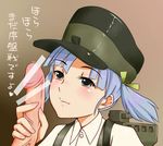  1girl blue_hair blush censored grey_eyes hat hetero hydrangia kantai_collection ooshio_(kantai_collection) peaked_cap penis pointless_censoring precum short_hair short_twintails solo_focus suspenders twintails 