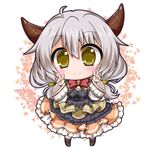  blush camieux chibi double_v draph dress frilled_dress frills granblue_fantasy hair_between_eyes horns leaf leaf_background long_hair long_sleeves looking_at_viewer maple_leaf noai_nioshi ribbon silver_hair simple_background smile solo twintails v wide_sleeves yellow_eyes 