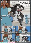absurd_res anthro asylum beverage blush blush_lines clean_diaper coffee comic diaper diaper_under_clothing diaper_under_skirt duo esmeralda_kingsley female hi_res hospital kangaroo macropod mammal marsupial medical procyonid raccoon the_padded_room white_diaper