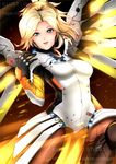  blonde_hair blue_eyes bodysuit breasts gloves glowing glowing_wings go-it high_ponytail lips long_hair looking_at_viewer mechanical_halo mechanical_wings medium_breasts mercy_(overwatch) overwatch pantyhose ponytail smile solo wings yellow_wings 