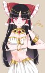  1girl absurdres ancient_egyptian_clothes black_hair bow circlet dancing egyptian_trend_(meme) forehead_jewel frilled_bow frills gem gold gold_bracer gold_circlet grey_background hair_bow hakurei_reimu happy highres long_hair looking_at_viewer meme midriff mito_(fate) navel own_hands_clasped own_hands_together palms_together parted_lips red_bow red_eyes sidelocks simple_background skirt solo stomach strapless swaying_hip touhou tube_top usekh_collar very_long_hair white_skirt white_tube_top 