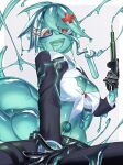  1girl absurdres ahoge akira_(meltyhip) belt black_gloves black_pants breasts cleavage colored_skin core gloves green_skin hair_ornament highres holding_syringe_gun midriff monster_girl open_mouth original pants red_eyes shirt short_hair slime_(substance) slime_girl slime_hair solo syringe_gun test_tube thigh_strap tied_shirt tongue x_hair_ornament 