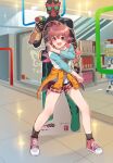  1girl aqua_shirt black_socks casual clothes_around_waist commentary fighting_stance full_body highres idolmaster idolmaster_shiny_colors indoors kamille_(vcx68) komiya_kaho long_hair looking_at_viewer open_mouth orange_sweater red_eyes red_hair red_shoes shirt shoes smile sneakers socks solo sweater sweater_around_waist two-tone_shirt white_shirt 
