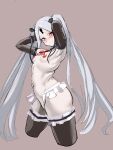  1girl 9is abigail_williams_(fate) abigail_williams_(third_ascension)_(fate) absurdres armpits arms_up black_ribbon black_thighhighs blush bow bowtie breasts brown_background commentary_request cosplay dead_or_alive dead_or_alive_5 dead_or_alive_xtreme elbow_gloves fate/grand_order fate_(series) frilled_thighhighs frills from_side gloves grey_hair grin hair_ornament hair_ribbon highres keyhole long_hair looking_at_viewer marie_rose marie_rose_(cosplay) marie_rose_(devilish_servant_against_the_splashing_waves) navel nipples nude pale_skin parted_bangs partially_undressed red_bow red_bowtie red_eyes ribbon simple_background sketch small_breasts smile solo thighhighs twintails very_long_hair x_hair_ornament 
