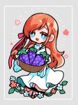  1girl aqua_eyes artist_name bare_shoulders basket chibi chibi_only clothing_cutout commentary_request cropped_legs dress final_fantasy final_fantasy_xiv food fruit goma_yammy grapes grey_background hair_ribbon highres holding holding_basket long_hair low_poly open_mouth orange_hair pink_ribbon puffy_sleeves ribbon ryne_waters shoulder_cutout smile solo twitter_username white_dress 