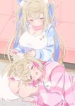  2girls animal_ears blonde_hair blue_hair blue_jacket breasts cleavage closed_eyes dog_ears dog_girl ear_cleaning flat_chest fuwawa_abyssgard highres hinata_hirune hololive hololive_english hood hood_down hooded_jacket jacket lap_pillow mococo_abyssgard multicolored_hair multiple_girls open_mouth pink_eyes pink_hair pink_jacket shirt siblings sisters streaked_hair twins two-tone_hair virtual_youtuber white_shirt 