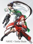  2girls absurdres arm_cannon bare_shoulders black_boots black_hair black_hat black_thighhighs bodysuit boots breasts character_request copyright_name crossover eve_(stellar_blade) full_body fune_(fune83ojj) goddess_of_victory:_nikke green_bodysuit grey_background gun hat high_ponytail highres holding holding_gun holding_weapon large_breasts long_hair multiple_girls ponytail red_eyes red_hair simple_background stellar_blade thighhighs weapon white_bodysuit 