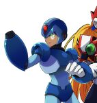  2boys android arm_cannon armor blonde_hair blue_armor blue_eyes blue_helmet chest_jewel closed_mouth energy_sword forehead_jewel gloves green_eyes guutara helmet highres holding holding_sword holding_weapon jewelry joints long_hair male_focus mega_man_(series) mega_man_x_(series) multiple_boys open_mouth ponytail red_armor red_helmet robot robot_ears robot_joints shoulder_armor signature simple_background sword very_long_hair weapon white_background white_gloves x_(mega_man) z_saber zero_(mega_man) 