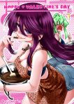  2girls animal_print apron arched_back artist_name ass bandeau blue_bandeau blue_shorts blush bowl breasts chocolate_making chocolate_on_hand cleavage closed_mouth collar denim denim_shorts dotted_background fangs floating_hair food_on_hand green_hair hair_between_eyes happy_valentine highres holding holding_bowl jitsu_wa_watashi_wa large_breasts leopard_print licking_own_finger long_hair looking_at_viewer masuda_eiji metal_collar mole mole_under_eye multiple_girls o_o official_art open_mouth ponytail print_apron purple_eyes purple_hair shiragami_youko shishido_shiho shorts smile solo_focus surprised tongue tongue_out twitter_username very_long_hair 