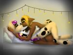 anthro arm_tattoo bed blonde_hair brown_body brown_skin canid canine canis cephalopod chest_tattoo dawn_(vobolni317) domestic_dog duo eyemask eyes_closed eyewear female from_front_position frye_(splatoon) fur furniture hair hi_res holding_partner&#039;s_arm holding_partner&#039;s_head humanoid inkling kissing leaning leaning_forward leg_tattoo lying male male/female mammal marine missionary_position mollusk multicolored_body multicolored_fur neck_tuft nintendo on_back paws penetration pillow purple_body purple_fur sex sex_toy splatoon strapon strapon_sex string_lights tattoo toying_partner tuft vobolni317 yellow_body yellow_fur
