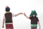  2boys black_hair black_jacket bracelet brown_vest clenched_hands closed_mouth commentary_request fist_bump green_hair green_shirt jacket jewelry male_focus multicolored_hair multiple_boys pants pink_hair pokemon pokemon_(anime) pokemon_horizons red_pants rei_hinketsu roy_(pokemon) shirt short_sleeves twitter_username two-tone_hair ult_(pokemon) vest watermark white_background 