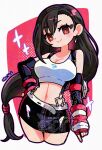  1girl bandaged_hand bandages bare_shoulders black_gloves black_skirt border breasts brown_hair cleavage closed_mouth commentary crop_top cropped_legs earrings elbow_gloves elbow_pads final_fantasy final_fantasy_vii fingerless_gloves gloves goma_yammy hair_tie hand_on_own_hip highres jewelry large_breasts long_hair low-tied_long_hair midriff miniskirt navel red_background red_eyes red_gloves shirt single_elbow_pad skirt sleeveless sleeveless_shirt smile solo suspenders tifa_lockhart twitter_username white_border white_shirt 