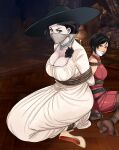  2girls absurdres ada_wong alcina_dimitrescu bdsm black_hair black_pantyhose bondage bound bound_together breasts cleavage cloth_gag dress gag gagged high_heels highres improvised_gag large_breasts large_hat looking_at_viewer lost_one_zero multiple_girls over_the_nose_gag pantyhose red_dress resident_evil resident_evil_village restrained short_hair tape tape_gag white_dress yellow_eyes 