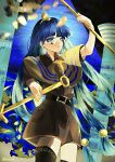  1girl absurdres belt belt_buckle black_belt black_thighhighs blue_eyes blue_hair blurry brown_shirt brown_shorts buckle cowboy_shot depth_of_field earrings expressionless facial_mark gold gold_hairband hair_bobbles hair_ornament hairband highres holding holding_scepter hoop_earrings ipi-molcar jewelry key_earrings long_hair michigami_nareko pillar pyramid_(structure) scepter shirt short_sleeves shorts solo thighhighs touhou triangle triangle_facial_mark usekh_collar very_long_hair 