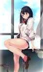  1girl absurdres black_hair blue_eyes blue_sky bow bowtie brown_footwear cardigan cloud commentary_request curtains day eyebrows_visible_through_hair highres legs long_sleeves looking_at_viewer red_neckwear shirt shoes short_hair sia_namsbinpeni sky socks solo ssss.gridman takarada_rikka thighs white_cardigan white_shirt window 