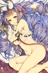  :o bangs bare_shoulders barefoot blue_hair blunt_bangs blush bottomless breasts crescent drill_hair granblue_fantasy groin hair_ribbon hairband large_breasts long_hair looking_at_viewer lying navel nipples no_bra on_side red_ribbon ribbon see-through sleeping solo star tapir very_long_hair vetor_(granblue_fantasy) yellow_eyes yoshikanakamura 