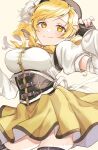  1girl arm_out_of_frame arm_up black_gloves blonde_hair breasts corset cowboy_shot drill_hair fingerless_gloves gloves hat hellokonhello highres magical_girl mahou_shoujo_madoka_magica medium_hair pleated_skirt puffy_sleeves ribbon shirt simple_background skirt smile solo thighhighs tomoe_mami twin_drills white_shirt yellow_eyes yellow_ribbon yellow_skirt 
