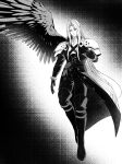  1boy absurdres armor bangle black_boots black_coat black_gloves black_pants black_wings boots bracelet chest_strap coat final_fantasy final_fantasy_vii final_fantasy_vii_rebirth final_fantasy_vii_remake floating full_body gloves grey_hair greyscale highres jewelry long_bangs long_coat long_hair lyell_ff14 male_focus monochrome pants parted_bangs pauldrons screentones sephiroth shoulder_armor single_wing solo thigh_boots wings 