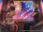  1boy 1girl aerial_fireworks armor belt black_hair blonde_hair blue_eyes blue_pants breasts brown_belt chest_strap cloud_strife commentary copyright_notice crop_top crossed_arms ferris_wheel_interior final_fantasy final_fantasy_vii final_fantasy_vii_rebirth final_fantasy_vii_remake fingerless_gloves fireworks forehead_protector fuji_q gloves gondola green_shirt grey_shorts headband kneeling looking_at_another loose_socks magic:_the_gathering medium_breasts midriff multiple_belts official_art open_mouth orange_gloves orange_shoes pants pauldrons ribbon shirt shoes short_shorts shorts shoulder_armor single_pauldron sitting sleeveless sleeveless_turtleneck smile sneakers socks spiked_hair square_enix suspenders turtleneck variant_set yellow_ribbon yuffie_kisaragi 
