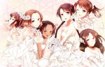  6+girls :o blush bob_cut bouquet bow braid breasts brown_eyes brown_hair chitose_miyuki cleavage commentary_request costume_request curtained_hair dark-skinned_female dark_skin dress earrings elbow_gloves embarrassed flower frilled_dress frilled_gloves frilled_sleeves frills from_side furrowed_brow gloves hair_flower hair_ornament hair_over_shoulder hair_ribbon hand_on_another&#039;s_shoulder hand_on_own_head holding holding_bouquet jewelry kitazono_kotoha lace_background large_bow leaning_forward leaning_on_person light_blush long_hair looking_afar looking_at_viewer looking_down medium_breasts medium_hair mikazuki_tenma mole mole_under_eye multiple_girls necklace off-shoulder_dress off_shoulder one_eye_closed osakada_tomoka pale_skin parted_bangs parted_lips pearl_earrings pearl_necklace pink_background puffy_short_sleeves puffy_sleeves raised_eyebrows ribbon ryuuzaki_sakuno shiny_lips shiraishi_yukari short_hair short_sleeves small_breasts smile straight_hair strapless strapless_dress tachibana_an tennis_no_ouji-sama twin_braids twintails wavy_hair wedding_dress white_background wispy_bangs 