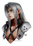  1boy armor black_coat chest_strap closed_mouth coat cropped_torso crystal_fae final_fantasy final_fantasy_vii green_eyes grey_hair highres long_bangs long_hair male_focus parted_bangs pauldrons pectorals portrait sephiroth shoulder_armor slit_pupils solo twitter_username white_background 