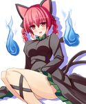  :d animal_ears black_bow black_dress blush bow braid cat_ears cat_girl cat_tail commentary_request dress fang hair_bow highres hitodama kaenbyou_rin liya long_sleeves looking_at_viewer nekomata open_mouth red_eyes red_hair sitting smile solo tail touhou twin_braids 