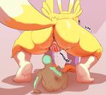  all_fours anon anthro anus big_butt biggcuties bridal_gauntlets butt canine digimon dripping duo female fox fur huge_butt larger_female male mammal nude presenting presenting_hindquarters pussy pussy_juice renamon size_difference smaller_male sweat text thick_thighs white_fur yellow_fur 