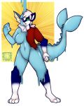 2014 4:5 abstract_background anthro artist_logo artist_name biped blue_body blue_fur bottomless breasts clothed clothing colored countershade_face countershade_fur countershade_neck countershading ear_frill eeveelution featureless_breasts female female_anthro frill_(anatomy) front_view fur gender_transformation generation_1_pokemon gloves_(marking) goo_drip goo_transformation green_eyes hair leg_markings logo looking_at_own_hand male male_anthro mammal markings membrane_(anatomy) mephitid mid_transformation mtf_transformation navel neck_frill nintendo non-mammal_breasts non-mammal_navel nut-case open_mouth pokemon pokemon_(species) purple_eyes shaded shirt simple_background skunk socks_(marking) solo species_transformation standing t-shirt taki_(takikuroi) text topless topwear transformation vaporeon webbed_hands white_background white_body white_countershading white_hair white_markings year