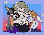 2025 abbie_(butterbeater) anthro bent_over big_breasts bird_dog black_clothing black_legwear black_stockings blue_clothing blue_legwear blue_stockings bobtail_cat body_writing border breasts brown_body brown_fur butterbeater canid canine canis cavalier_king_charles_spaniel clenched_teeth clothing collar confetti dobermann domestic_cat domestic_dog eye_contact felid feline felis female fur gradient_background grey_body grey_fur grey_hair group hair hair_over_eye hair_over_eyes holding_breast huge_breasts hunting_dog ida_(butterbeater) kneeling legwear legwear_only looking_at_another mammal medium_breasts mostly_nude obscured_eyes odette_(butterbeater) orange_body orange_fur pinscher purple_border purple_clothing purple_legwear purple_stockings red_collar simple_background small_breasts spaniel spiked_collar spikes stockings stockings_only teeth toy_dog trio vulva white_body white_fur