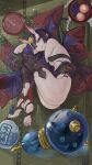 1girl absurdres alcohol ankle_ribbon ass bare_shoulders breasts cup ebichannoshippo eyeliner fate/grand_order fate_(series) gourd headpiece highres horns japanese_clothes kimono leg_ribbon long_sleeves looking_at_viewer lying makeup on_side oni purple_eyes purple_hair purple_kimono revealing_clothes ribbon sakazuki sake short_eyebrows short_hair shuten_douji_(fate) skin-covered_horns small_breasts smile solo 
