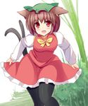  :d animal_ears black_legwear blush bow bowtie brown_hair cat_ears cat_girl cat_tail chen commentary_request cowboy_shot curtsey dress fang hat jewelry leaning_forward liya long_sleeves looking_at_viewer mob_cap multiple_tails nekomata open_mouth pantyhose pillow_hat red_dress red_eyes single_earring skirt_hold smile solo tail touhou two_tails yellow_bow yellow_neckwear 