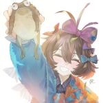  1girl animal arm_up artist_logo blue_bow blue_dress blue_scarf bow brown_hair closed_eyes dress flutterpage grin hair_bow highres holding holding_animal leaf leaf_on_head logo long_sleeves multiple_hair_bows orange_scarf purple_bow red_bow reverse:1999 scarf short_hair smile snot solo toad_(animal) tricoarts two-tone_scarf upper_body white_background 