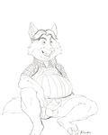  anthro apron balls barefoot black_and_white bottomless canine clothed clothing clothing_side digitigrade disney erection fox gideon_grey greyscale humanoid_penis kirron male mammal monochrome overweight overweight_male partially_retracted_foreskin pawpads penis shirt signature sitting sketch smile solo uncut zootopia 