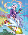  1girl artist_collaboration blue_sky boots breasts brown_eyes candy cropped_jacket day food gloves gun high_heel_boots high_heels highres holding holding_gun holding_weapon jacket john_royle lollipop medium_breasts missile navel nei_ruffino outdoors pants pillarboxed purple_gloves purple_jacket sitting sky solo sweetie_candy_vigilante twintails weapon white_boots white_hair white_pants 