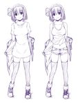  bare_shoulders blush buttons closed_mouth collarbone contemporary eyebrows eyebrows_visible_through_hair full_body hairband jacket konpaku_youmu lineart monochrome multiple_views navel nori_tamago off_shoulder shirt shoes short_hair short_shorts shorts simple_background sketch sleeveless smile sneakers standing stomach t-shirt tank_top tareme thighhighs touhou zettai_ryouiki 