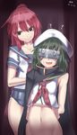  2girls ? bare_shoulders beret black_cape blank_eyes blue_swimsuit bottomless brown_eyes cape closed_mouth collarbone cowboy_shot dated green_hair groin hair_between_eyes hat height_difference i-168_(kantai_collection) kantai_collection kiso_(kantai_collection) long_hair looking_at_viewer mask multiple_girls navel neckerchief no_panties no_pupils out-of-frame_censoring ponytail school_swimsuit school_uniform serafuku shirt short_hair silver_bell sleeve_cuffs sleeveless sleeveless_shirt smile standing stomach sweat swimsuit very_long_hair virtual_reality white_hat white_shirt 