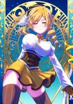  1girl black_gloves black_thighhighs blonde_hair breasts fingerless_gloves gloves highres looking_at_viewer mahou_shoujo_madoka_magica miniskirt rtu162636 shirt skirt solo straight-on thighhighs tomoe_mami unaligned_breasts white_shirt yellow_eyes yellow_skirt 
