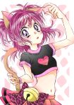  63snrk animal_ears black_shirt blush bow cat_ears cat_tail heart highres holding_own_tail looking_at_viewer midriff miniskirt navel open_mouth panther_pink_(precure) panther_print pink_bow pink_hair precure purple_eyes shirt short_hair skirt tail two_side_up visible_ears yes!_precure_5 yumehara_nozomi 