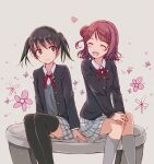  2girls black_hair black_jacket black_thighhighs blush closed_eyes collared_shirt commentary flower_symbol gradient_hair green_eyes green_hair grey_background grey_socks grey_sweater hair_between_eyes hair_bun hair_ornament hairclip hands_on_own_knee heart jacket kneehighs looking_at_another love_live! love_live!_nijigasaki_high_school_idol_club medium_hair multicolored_hair multiple_girls neck_ribbon nijigasaki_school_uniform open_clothes open_jacket open_mouth pink_hair plaid_clothes plaid_skirt pleated_skirt red_ribbon ribbon school_uniform shirt single_side_bun sitting skirt smile socks sweater takasaki_yu thighhighs twintails two-tone_hair uehara_ayumu white_shirt winter_uniform yakka 