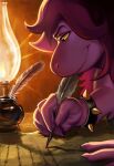 2025 5_fingers anthro black_hair bracelet cloudisnotsleeping deltarune dinosaur eyebrows female fingers hair hi_res inkwell inside jewelry lamp long_hair loose_feather paper prehistoric_species quill reptile scalie smile solo spiked_bracelet spikes susie_(deltarune) undertale_(series) writing_text yellow_sclera