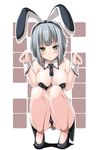  :&gt; animal_ears bare_shoulders breasts bunny_ears bunny_girl checkered checkered_background collar collarbone fake_animal_ears green_eyes grey_hair kokorono_arika large_breasts looking_at_viewer necktie original smile solo squatting wrist_cuffs 