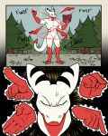 60percentscalie anthro bodily_fluids book close-up comic demon dovak eyes_closed featureless_chest featureless_crotch focused forest forest_background grass hi_res humanoid male nature nature_background onomatopoeia plant solo sound_effects standing sweat sweatdrop text tree
