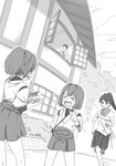  3girls admiral_(kantai_collection) bush crying fan flying_sweatdrops greyscale hakama_skirt houshou_(kantai_collection) hyuuga_(kantai_collection) ise_(kantai_collection) japanese_clothes kantai_collection miniskirt monochrome multiple_girls paper_fan pointing ponytail shimesaba_(simesabaikka) skirt sky sweatdrop tears toy_airplane tree uchiwa window younger 