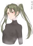  1girl absurdres atodashi black_bodysuit blush bodysuit breasts collarbone commentary_request covered_nipples green_eyes green_hair hair_ribbon heart heart-shaped_pupils heavy_breathing highres kantai_collection long_hair looking_at_viewer open_mouth ribbon simple_background skin_tight small_breasts solo sweatdrop symbol-shaped_pupils twintails twitter_username upper_body white_background white_ribbon zuikaku_(kancolle) 