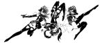  3girls absurdres artist_logo beret boots cellphone chin_strap clone covered_mouth dress falling flying_kick gloves greyscale gun hat highres holding holding_gun holding_phone holding_weapon kicking leg_up liang_yue_(reverse:1999) logo looking_at_viewer low_twintails monochrome multiple_girls phone police police_uniform policewoman reverse:1999 short_dress side_cape thigh_boots tricoarts twintails upside-down v-shaped_eyebrows weapon white_background 