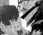  1boy 1girl ayase_momo battle_damage black_nails bleeding blood blood_from_mouth bow bowtie bruise bruise_on_arm bruise_on_face collared_shirt commentary_request cuts dandadan facial_mark from_side gakuran glasses greyscale hair_over_eyes hands_on_another&#039;s_head injury korean_commentary looking_at_another mask medium_hair monochrome mouth_mask parted_lips profile school_uniform shirt short_hair takakura_ken_(dandadan) takakura_ken_(transformed)_(dandadan) torn_clothes transformation upper_body wolf6481 