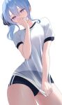  1girl absurdres black_buruma blue_eyes blue_hair breasts buruma covering_own_mouth fawny gym_uniform highres hololive hoshimachi_suisei looking_at_viewer see-through_clothes see-through_shirt shirt shirt_tug side_ponytail simple_background small_breasts solo thighs transparent_background virtual_youtuber white_shirt 